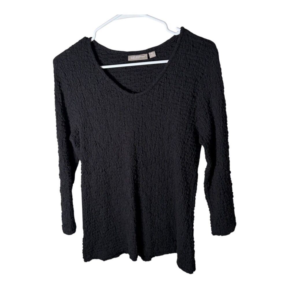 Croft & Barrow T-Shirt Women's Petite Large Black Textured 3/4 Sleeve Top